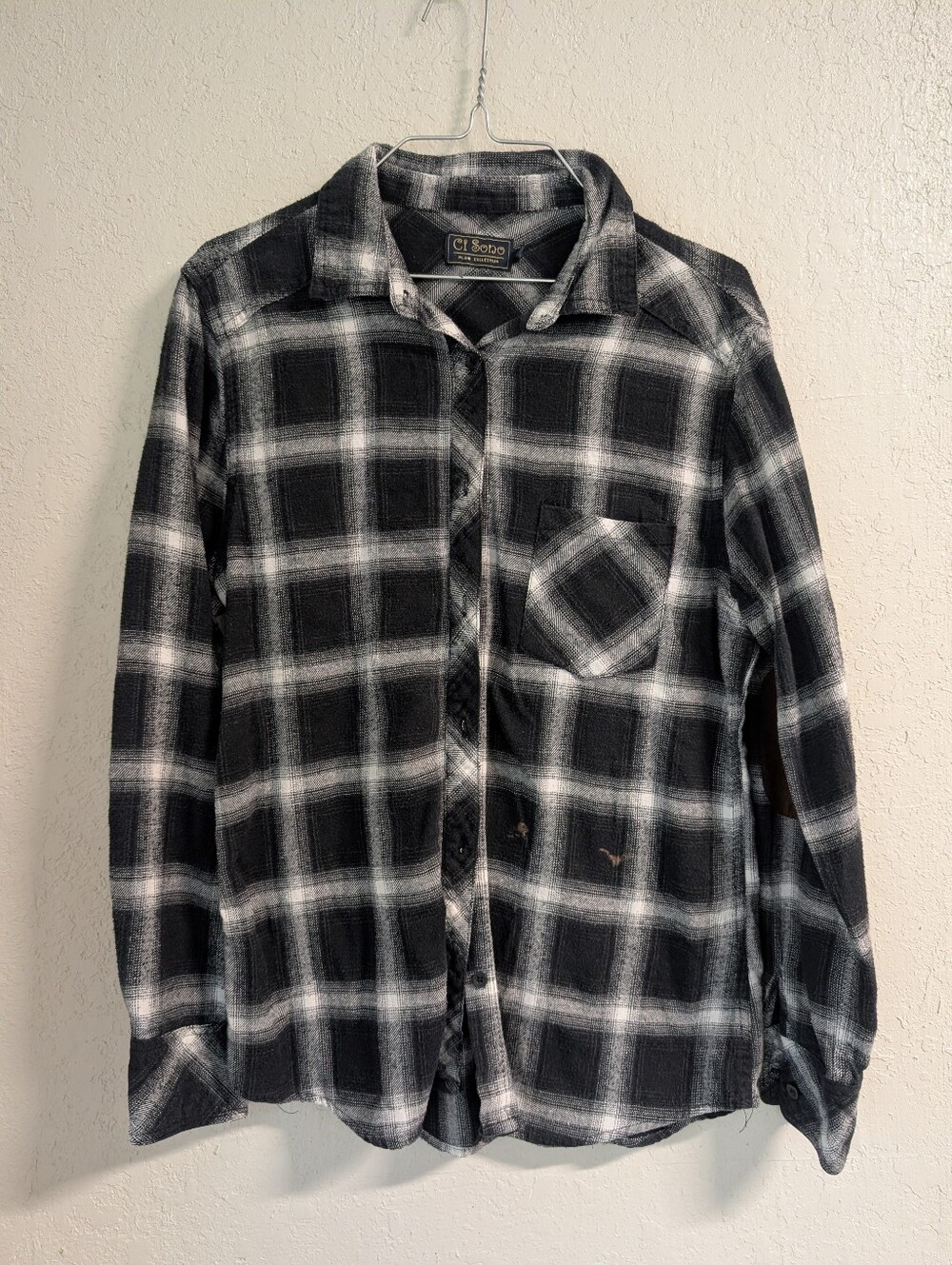 Plaid Button Up Shirt M Black White Elbow Patch Distressed Bleach Pocket Grunge